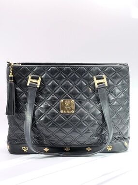 MCM BLACK QUILTED LEATHER GOLD-EMBELLISHED TOTE BAG Vintage